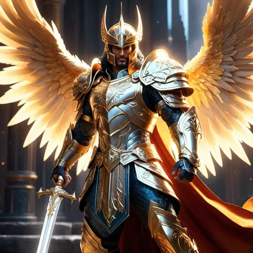 Prompt: Aasimar, paladin (full body), dynamic (combat pose), striking armor with intricate designs, holy symbols glowing softly, heroic stature, dramatic lighting highlighting muscular physique, sword raised, fierce determination in expression, ethereal background with celestial elements, radiant aura, epic and inspiring atmosphere, ultra-detailed, vibrant colors, high quality 4K.