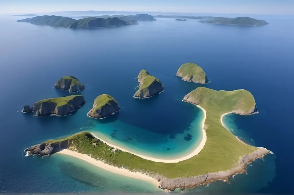 Prompt: aerial view of the sea,isles in the background, wide angle shot, high-quality, realistic, serene atmosphere, expansive seascape, grandeur, wide angle view, panoramic, serene ambianc