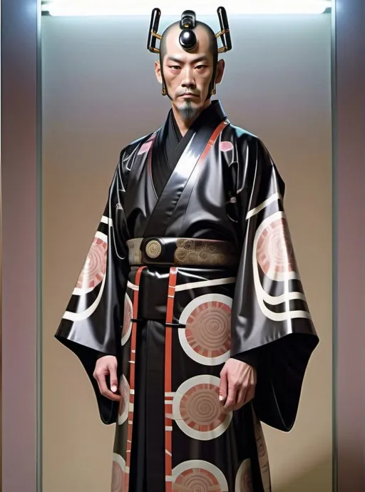 Prompt: Cyborg Japanese daimyo emperor in futuristic sleek latex shiny black kimono with intricate patterns Long fabric latex kimono robes. Floor length robes.
By Kirby 
Moebius
Otomo