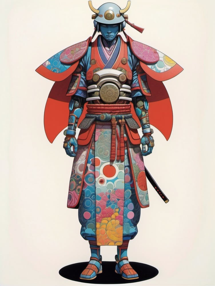 Prompt: Cyborg Samurai in futuristic colorful clothes with intricate patterns
By Kirby 
Moebius
Otomo