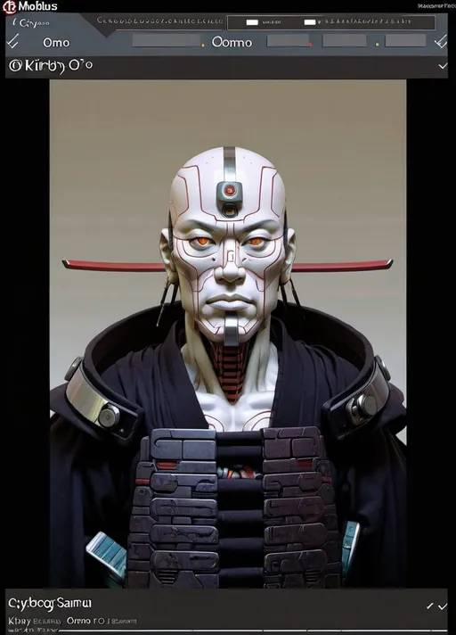Prompt: Cyborg Samurai in futuristic cyberpunk city
By Kirby 
Moebius
Otomo