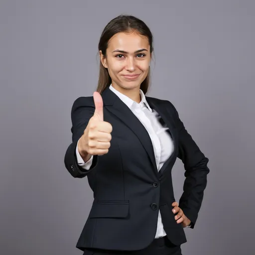 Prompt: Lawyer woman giving thumbs up, straight face, suit on