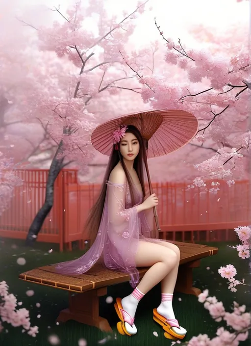 Prompt: This photorealistic artwork depicts a serene, ethereal scene featuring a young woman seated on a traditional Japanese wooden bench. The woman, with long, flowing dark brown hair with pink streaks adorned with a pink flower, is dressed in a delicate, semi-transparent purple kimono with large floral patterns, revealing her fair skin and slender, elegant physique. She holds a traditional Japanese paper parasol with intricate designs, which she uses to shade herself from the soft pink cherry blossom petals gently falling around her. Her legs are crossed, and she wears white ankle socks with pink and yellow geta (traditional Japanese wooden sandals). The background is a dreamy, pastel pink landscape filled with cherry blossom trees in full bloom, their branches arching gracefully overhead. A red torii gate is partially visible behind the woman, adding a touch of cultural authenticity. The ground is covered with soft green grass, and the overall atmosphere is tranquil and romantic. The artist uses a soft, almost watercolor-like style with delicate gradients and soft lighting, enhancing the dreamy, fantasy-like quality of the scene. The composition and color palette evoke a sense of peace and beauty, characteristic of traditional Japanese art.