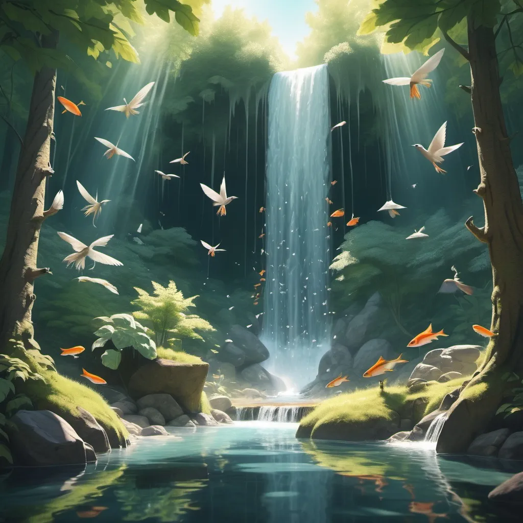 Prompt: a sunny day in a forest with a water fall  and some smaller fishes and birds