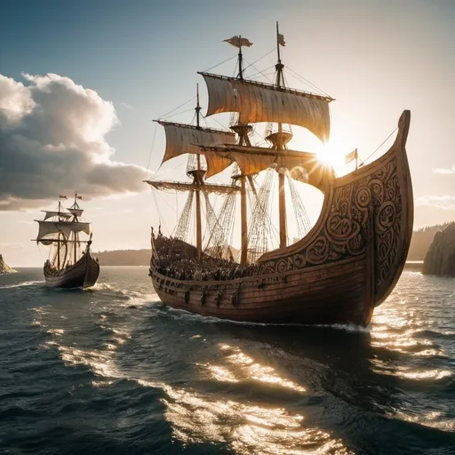 Prompt: A big ship from the vikingage with a lot  of people and in the backround there is only a sun and water and the sun is shining on the water