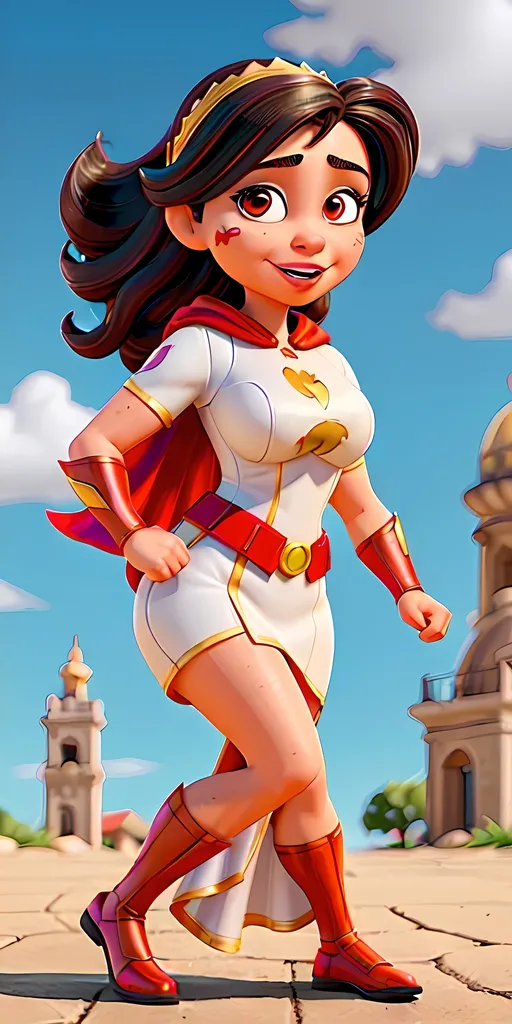 Prompt: a superhero women in traditional Spanish clothing that has thee power to make her whole latina community's voice become one loud and clear voice that fights against injustice 