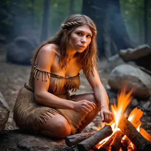 Prompt: A beautiful neanderthal woman by camp fire.