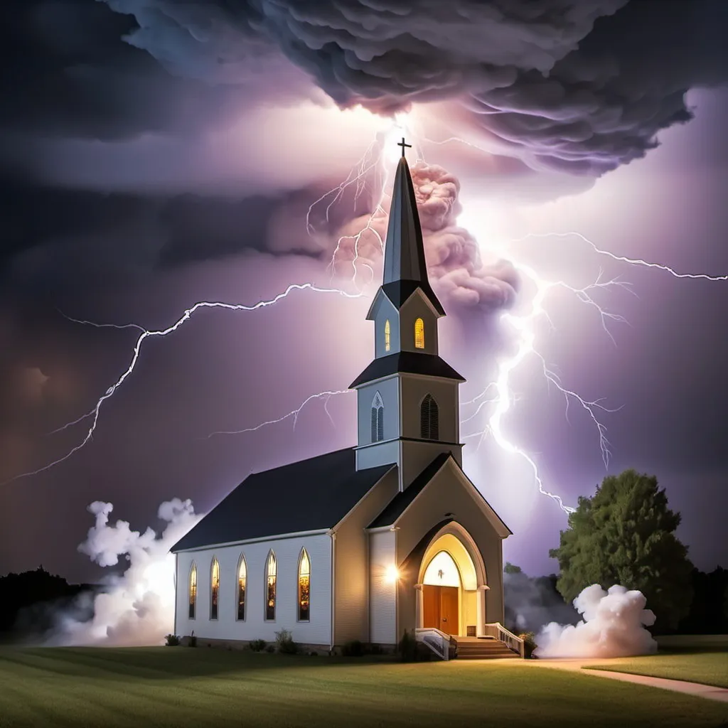 Prompt: godly church with lightning and smoke