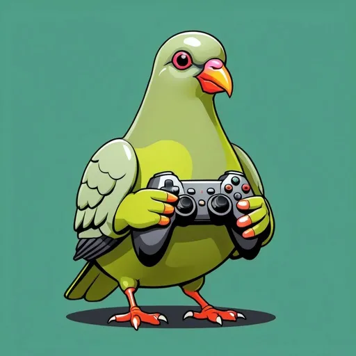 Prompt: Green pigeon cartoon holding controller 