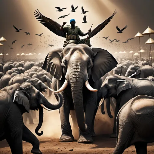 Prompt: Epic battle scene of an army of elephants and black soldiers, divine intervention with small stones casting birds from the sky, protection of the Kaaba, dramatic lighting, detailed, highres, divine intervention, horrible atmosphere, protective birds, intense battle, epic, elephants, soldiers, dramatic lighting, dark tones, highres, detailed