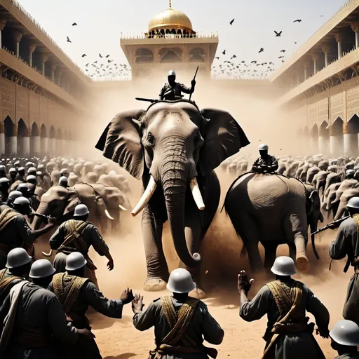 Prompt: Epic battle scene of an army of elephant and black soldiers, divine intervention with small stones casting birds from the sky, protection of the Kaaba against the army, horrible atmosphere, high quality, divine intervention, epic battle, intense atmosphere, historical, detailed elephants, dark and dramatic, protection of the Kaaba, divine stones, black soldiers, birds casting, powerful imagery, formidable army, ancient setting