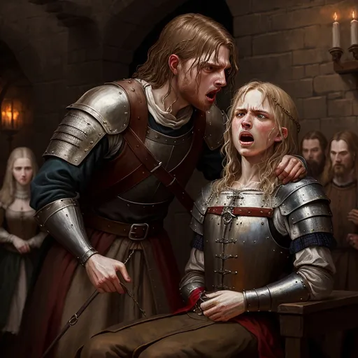 Prompt: Singer shackling the squire, medieval oil painting, dramatic lighting, intense emotions, detailed fabric textures, high quality, oil painting, medieval, dramatic lighting, intense emotions, detailed textures, vibrant colors