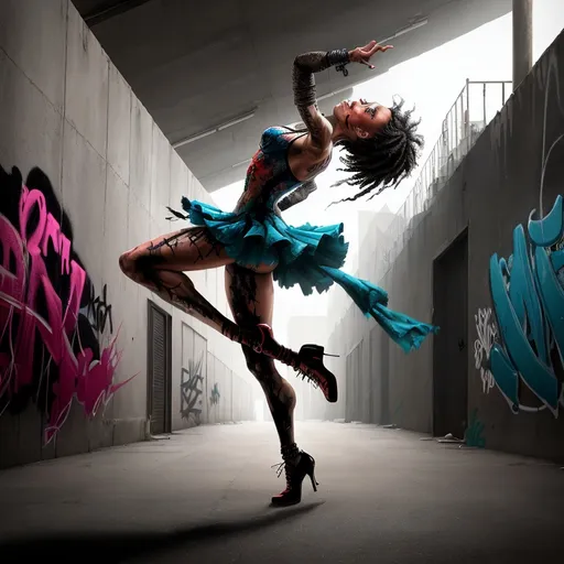 Prompt: Detailed digital painting of a stylish dancer in a prison yard, vibrant and gritty colors, expressive graffiti art on the walls, intricate dance moves captured mid-air, high energy and dynamic, realistic digital painting, expressive graffiti art, powerful and aggressive, detailed movement, intense and gritty, street art, urban, dynamic dance, realistic, vibrant colors, graffiti, high energy, prison setting, professional digital art, atmospheric lighting, futuristic street art