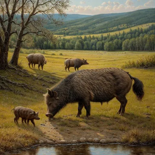 Prompt: Detailed oil painting of a boar asking its cousin, rich textures and earthy tones, rustic countryside setting, detailed fur and features, warm and inviting, traditional art style, earthy tones, warm and natural lighting, cousin in the background, high quality, detailed, oil painting, rustic, warm tones, inviting atmosphere, boar family, traditional art