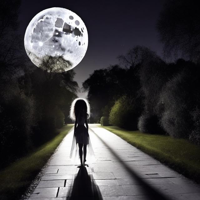 Prompt: "Night. A large full moon shines in the sky. A ghostly silvery path shimmers and stretches straight toward the moon. Along the walkway is dressed a beautiful in every way full girl in a transparent negligee. The girl has long curly hair. The hair flutters in the wind. A big black dog of German dog breed is walking along the path.