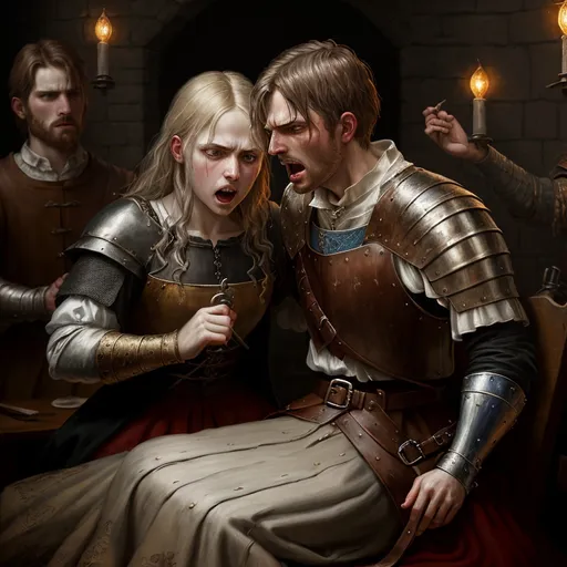 Prompt: Singer shackling the squire, medieval oil painting, dramatic lighting, intense emotions, detailed fabric textures, high quality, oil painting, medieval, dramatic lighting, intense emotions, detailed textures, vibrant colors