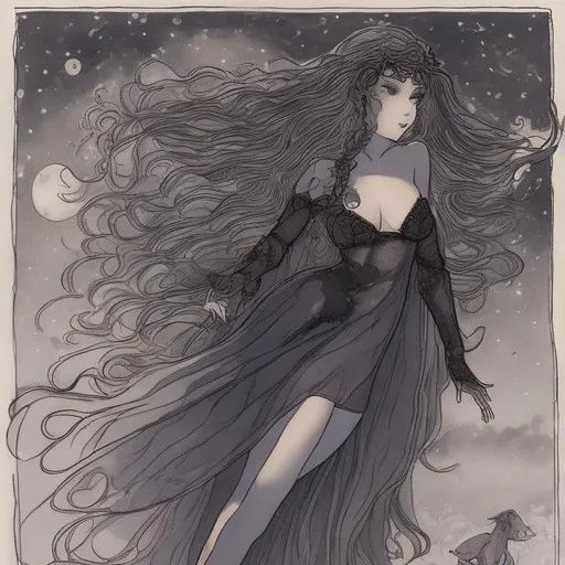 Prompt: "Night . A large full moon shines in the sky. A beautiful full girl in a transparent negligee is flying across the sky riding a black hog like an Amazon. The girl has long red hair, it flutters in the wind. The negligee also flutters in the wind. Drawing details. Mysticism."