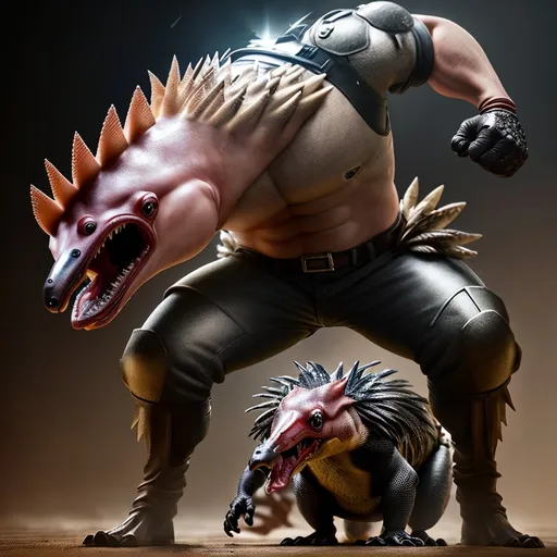Prompt: Employee beating up an echidna, realistic 3D rendering, aggressive action, intense emotion, high quality, realistic, detailed fur and feathers, dramatic lighting, intense expression, realistic 3D rendering, action scene, employee, echidna, aggressive, detailed, dramatic lighting, high quality