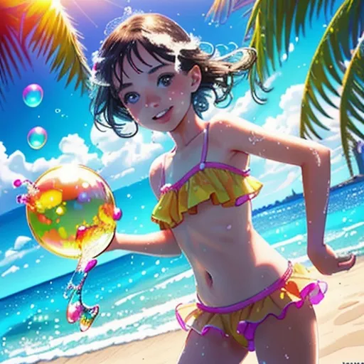 Prompt: Young girl blowing soap bubbles, reflection in bubbles, summer beach scene, vibrant colors, realistic digital art, high quality, detailed water droplets, playful atmosphere, warm lighting, beachwear, sunny day, fun activity, realistic rendering, bright and cheerful, reflected image, joyful expression, outdoor setting, summery vibes, sunny and bright, high resolution, detailed reflections