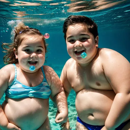 Prompt: Underwater scene of young fat girl and boy, realistic digital painting, vibrant underwater colors, playful expression, chubby cheeks, underwater bubbles, high detail, lifelike rendering, playful, vibrant colors, realistic lighting