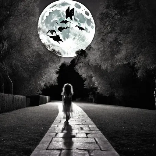 Prompt: "Night. A large full moon shines in the sky. A ghostly silvery path shimmers and stretches straight toward the moon. Along the walkway is dressed a beautiful in every way full girl in a transparent negligee. The girl has long curly hair. The hair flutters in the wind. A big black dog of German dog breed is walking along the path.