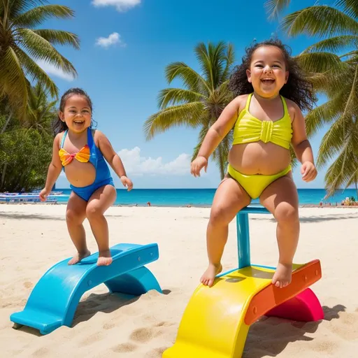Prompt: Young fat boy and girl in swimsuits playing on a teeter-totter, sunny beach setting, vibrant and playful, high quality, digital art, bright and cheerful, detailed chubby cheeks, summer vibes, sandy beach background, warm sunlight, joyful expression, playful atmosphere, highres, ultra-detailed, digital art, sunny beach, vibrant colors, playful, chubby cheeks, summer, joyful, cheerful lighting