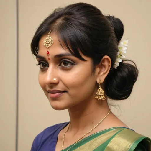 Prompt: Create a color image of a 30-year-old Indian woman from a side angle, dressed in a saree. Her hairstyle should feature a mid-back ponytail with short, choppy side fringes. She has thick, wavy, and extra-short bangs that are combed from the left side to the right. The bangs are partitioned from the line behind the ears and layered upwards from the left side of head to right side, with a partition running across the center of the head to the right. The bangs are sectioned from far back on her head and resemble the style of Sudha Baragur.