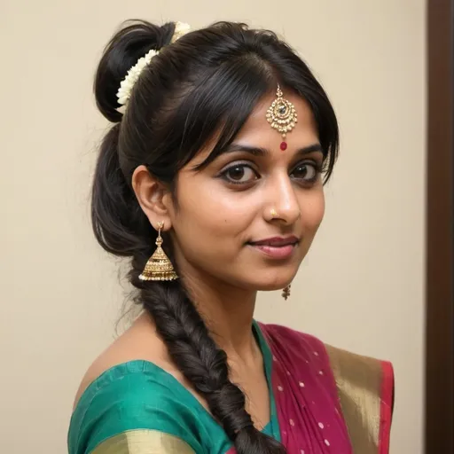 Prompt: Create a color image of a 30-year-old Indian woman from a side angle, dressed in a saree. Her hairstyle should feature a mid-back ponytail with short, choppy side fringes. She has thick, wavy, and extra-short bangs that are combed from the left side to the right. The bangs are partitioned from the line behind the ears and layered upwards from the left side of head to right side, with a partition running across the center of the head to the right. The bangs are sectioned from far back on her head and resemble the style of Sudha Baragur.