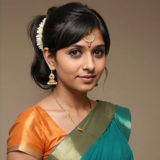 Prompt: Create a color image of a 30-year-old Indian woman from a side angle, dressed in a saree. Her hairstyle should feature a mid-back ponytail with short, choppy side fringes. She has thick, wavy, and extra-short bangs that are combed from the left side to the right. The bangs are partitioned from the line behind the ears and layered upwards from the left side of head to right side, with a partition running across the center of the head to the right. The bangs are sectioned from far back on her head and resemble the style of Sudha Baragur.