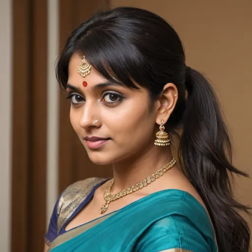 Prompt: Create a color image of a 30-year-old Indian woman from a side angle, dressed in a saree. Her hairstyle should feature a mid-back ponytail with short, choppy side fringes. She has thick, wavy, and extra-short bangs that are combed from the left side to the right. The bangs are layered upwards from the left side of head to right side, with a partition running across the center of the head to the right. The bangs are sectioned from far back on her head and resemble the style of Sudha Baragur.