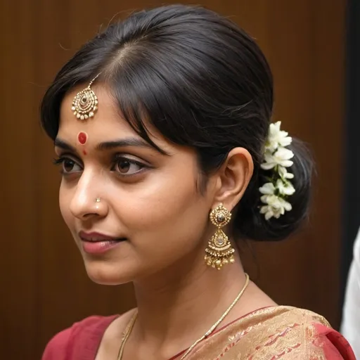 Prompt: Create a color image of a 30-year-old Indian woman from a side angle, dressed in a saree. Her hairstyle should feature a mid-back ponytail with short, side combed choppy side fringes. She has thick, wavy, and extra-short bangs that are combed from the left side to the right. The bangs are partitioned from the line behind the ears and layered upwards from the left side of head to right side, with a partition running across the center of the head to the right. The bangs are sectioned from far back on her head and resemble the style of Sudha Baragur.