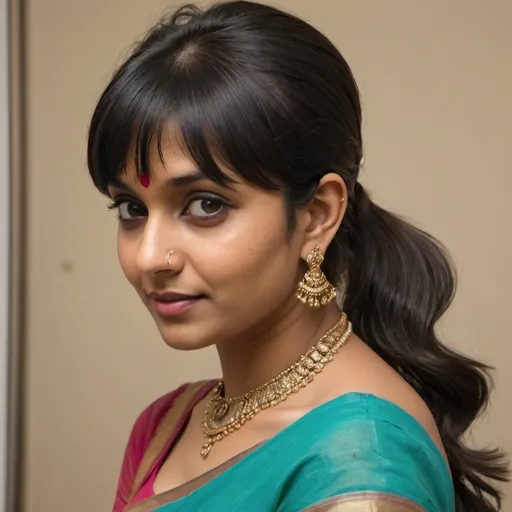 Prompt: Create a color image of a 30-year-old Indian woman from a side angle, dressed in a saree. Her hairstyle should feature a mid-back ponytail with short, choppy side fringes. She has thick, wavy, and extra-short bangs that are combed from the left side to the right. The bangs are layered towards the center and upwards, with a partition running from the center of the head to the right. The bangs are sectioned from far back on her head and resemble the style of Sudha Baragur.