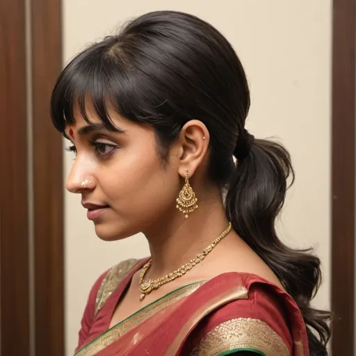 Prompt: Create a color image of a 30-year-old Indian woman from a side angle, dressed in a saree. Her hairstyle should feature a mid-back ponytail with short, choppy side fringes. She has thick, wavy, and extra-short bangs that are combed from the left side to the right. The bangs are partitioned from the line behind the ears and layered upwards from the left side of head to right side, with a partition running across the center of the head to the right. The bangs are sectioned from far back on her head and resemble the style of Sudha Baragur.