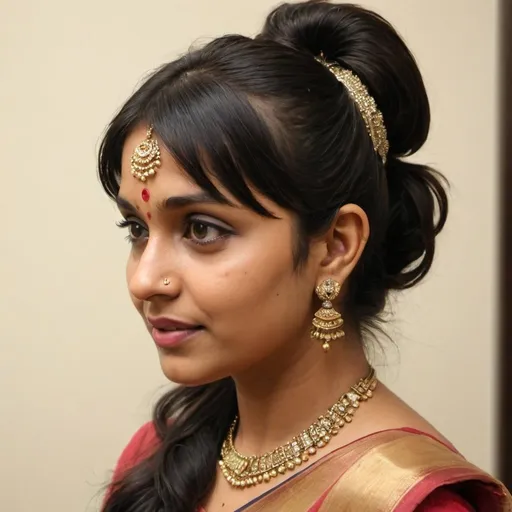 Prompt: Create a color image of a 30-year-old Indian woman from a side angle, dressed in a saree. Her hairstyle should feature a mid-back ponytail with short, choppy side fringes. She has thick, wavy, and extra-short bangs that are combed from the left side to the right. The bangs are layered upwards from the left side of head to right side, with a partition running across the center of the head to the right. The bangs are sectioned from far back on her head and resemble the style of Sudha Baragur.