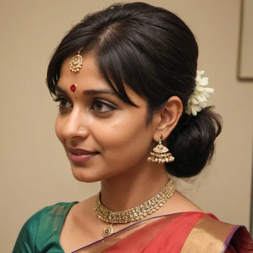 Prompt: Create a color image of a 30-year-old Indian woman from a side angle, dressed in a saree. Her hairstyle should feature a mid-back ponytail with short, choppy side fringes. She has thick, wavy, and extra-short bangs that are combed from the left side to the right. The bangs are partitioned from the line behind the ears and layered upwards from the left side of head to right side, with a partition running across the center of the head to the right. The bangs are sectioned from far back on her head and resemble the style of Sudha Baragur.