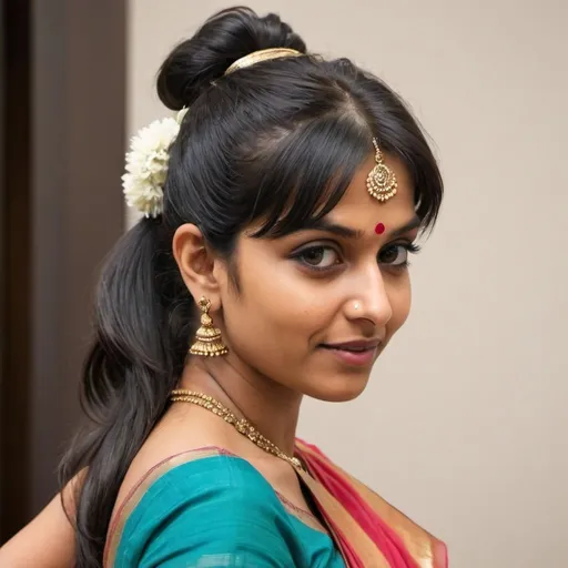 Prompt: Create a color image of a 30-year-old Indian woman from a side angle, dressed in a saree. Her hairstyle should feature a mid-back ponytail with short, choppy side fringes. She has thick, wavy, and extra-short bangs that are combed from the left side to the right. The bangs are layered towards the center and upwards, with a partition running from the center of the head to the right. The bangs are sectioned from far back on her head and resemble the style of Sudha Baragur.