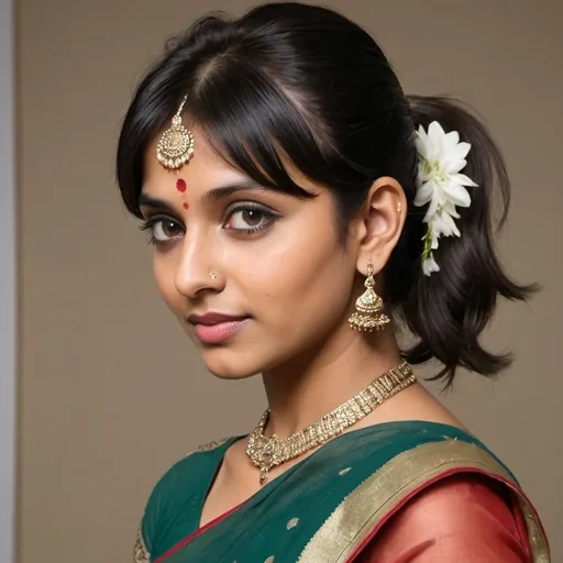 Prompt: Create a color image of a 30-year-old Indian woman from a side angle, dressed in a saree. Her hairstyle should feature a mid-back ponytail with short, choppy side fringes. She has thick, wavy, and extra-short bangs that are combed from the left side to the right. The bangs are layered towards the center and upwards, with a partition running from the center of the head to the right. The bangs are sectioned from far back on her head and resemble the style of Sudha Baragur.