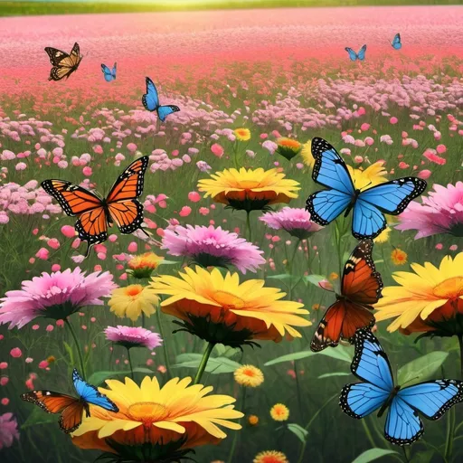 Prompt: flower field and the butterflies