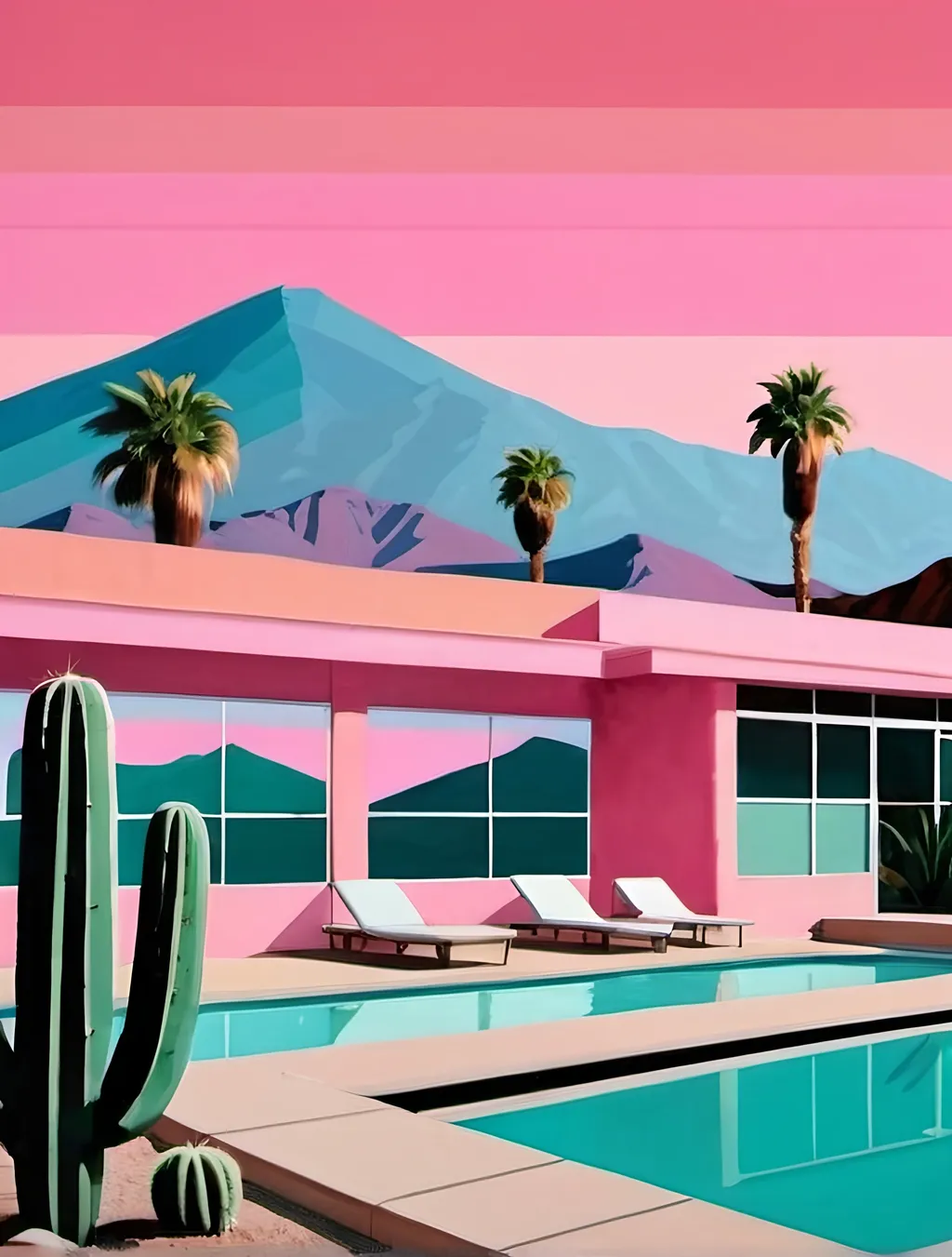 Prompt: An abstract scene of a Californian resort with a swimming pool, cactus and palm trees in the foreground and mountains in the background with a pink sky