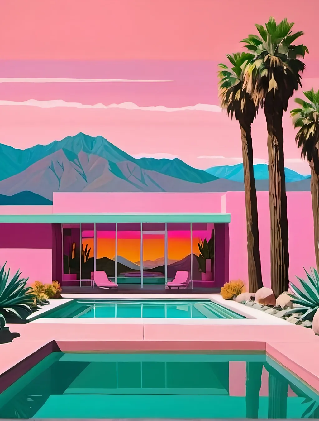 Prompt: An abstract scene of a Californian resort with a swimming pool, cactus and palm trees in the foreground and mountains in the background with a pink sky