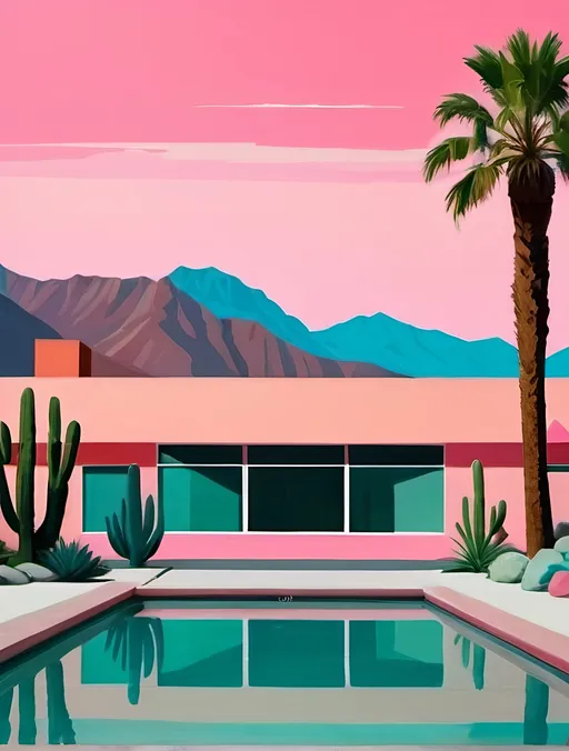 Prompt: An abstract scene of a Californian resort with a swimming pool, cactus and palm trees in the foreground and mountains in the background with a pink sky