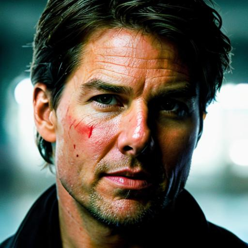 Prompt: Realistic, male, brown hair, short hair, Tom Cruise, Mission Impossible, movie, Ethan Hunt, bleeding, spy, handsome, injured face, bloody, blood, scars, iPhone wallpaper, scratches