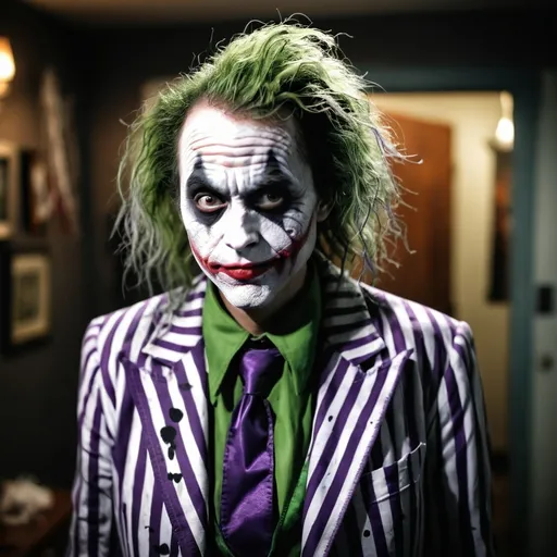 Prompt: Female, the joker, Beetlejuice, mixed as one character, insane, crazy, realistic, Halloween costume, hot