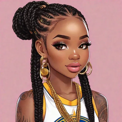 Prompt: Cute, chibi anime, african american, woman, long pink box braids, golden state warriors outfit, gold hoop earrings