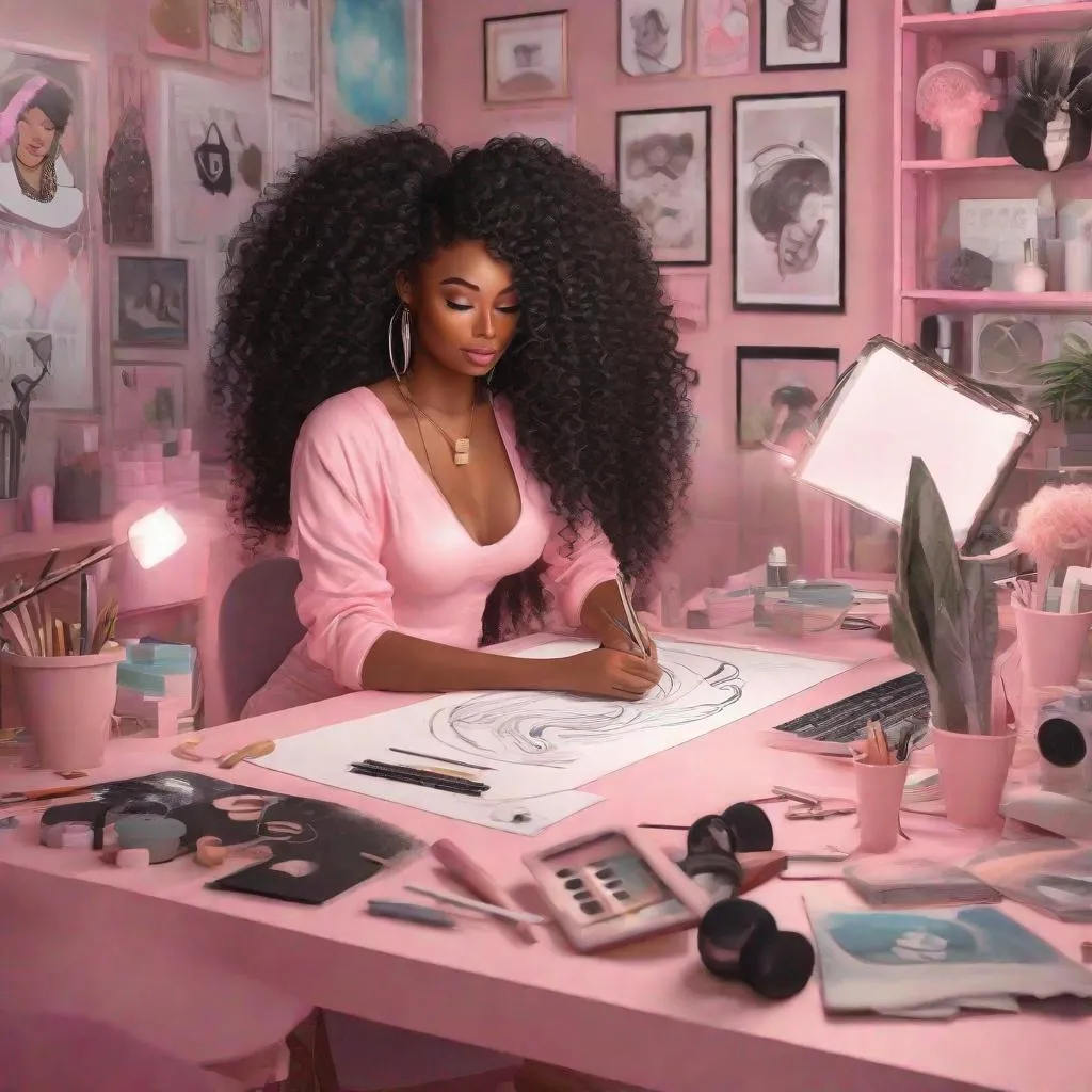 Prompt: create a beautiful light skinned black woman with long luxurious hair, crafting at a pink desk, in a dreamy unreal style craft room, hyper real hip hop cartoon style