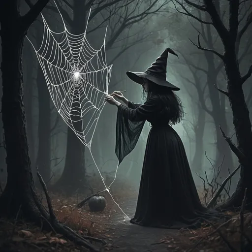 Prompt: eerie sketch of witch putting a spell on spider webs with dark forest background
