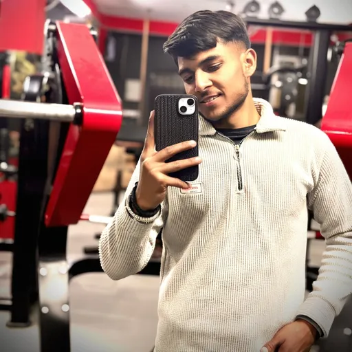 Prompt: In a gym environment filled with red and black weightlifting equipment, a young man poses confidently for a selfie, showcasing a warm smile. He wears a light-colored, ribbed zip-up sweater that contrasts with the darker surroundings, while his sleek hairstyle and well-groomed appearance suggest a focus on fitness and style. The background reveals various gym apparatus, indicating an active setting, and the ambient lighting adds to the vibrant atmosphere. His relaxed posture and engaging expression convey a sense of enthusiasm and self-assuredness, embodying the vibrant spirit of modern fitness culture.