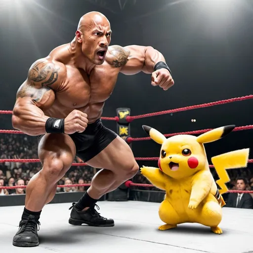 Prompt: Wrestler the Rock is fighting pikachu