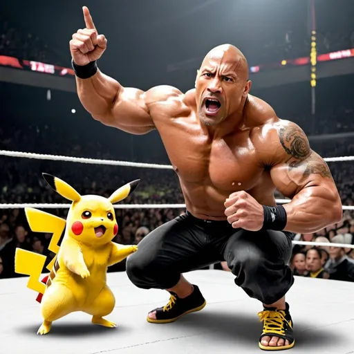 Prompt: Wrestler the Rock is fighting pikachu