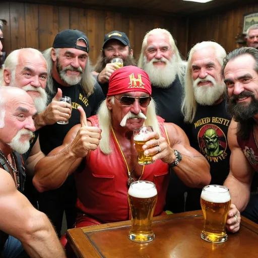 Prompt: Hulk hogan drinkin beer with dwarves 